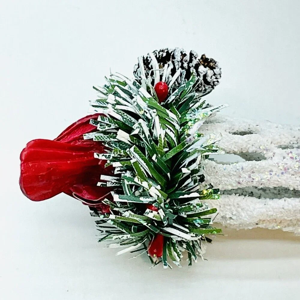 Vintage Christmas Ornament Cardinal In Pine Nest On White Glittered Icicle 6